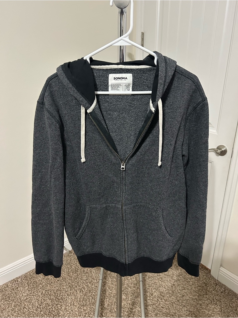Sonoma Charcoal Gray Full-Zip Hoodie with Cream Drawstrings